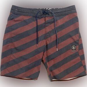 Volcom Stoneys board shorts, size 30, color burgundy and grey stripes